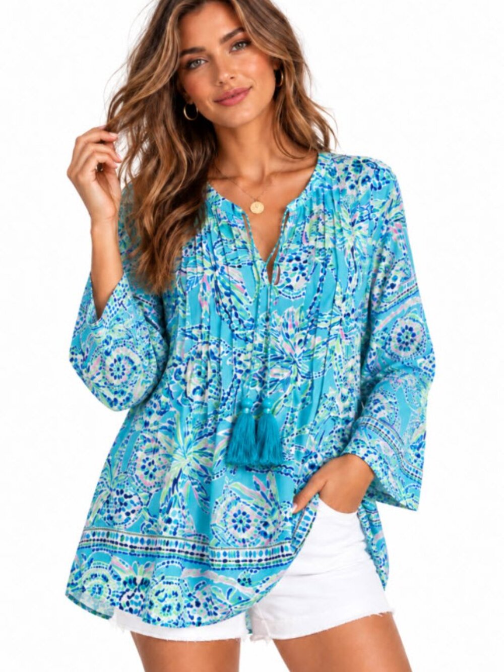 Lilly Pulitzer Marilina Aqua Blue Paisley Pintuck Tassel Tunic Blouse Size L